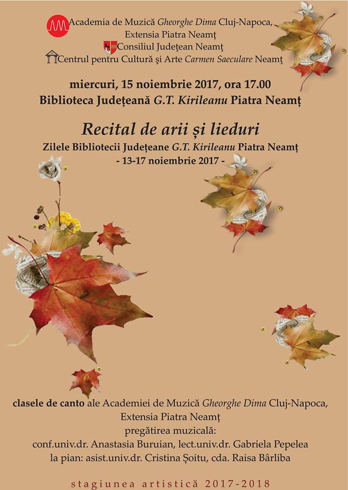 Miercuri (15 noiembrie): Recital de arii și lieduri la Biblioteca ”G.T. Kirileanu”