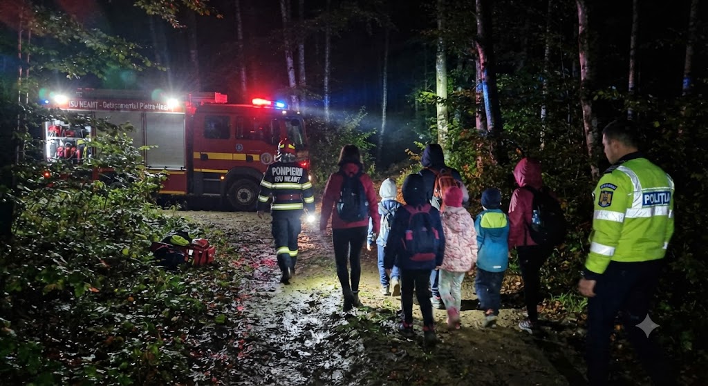 Patru adulţi şi patru copii rătăciţi la 8 km de Mănăstirea Almaş, salvaţi de pompieri şi poliţişti