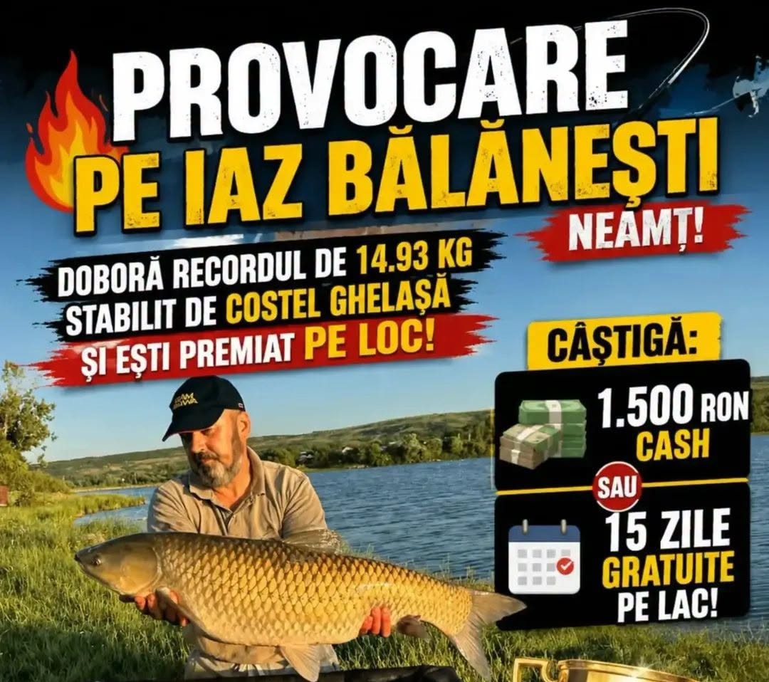 Provocare la Iaz Bălănești: 1.500 de lei sau jumătate de lună de pescuit gratuit pentru un nou record